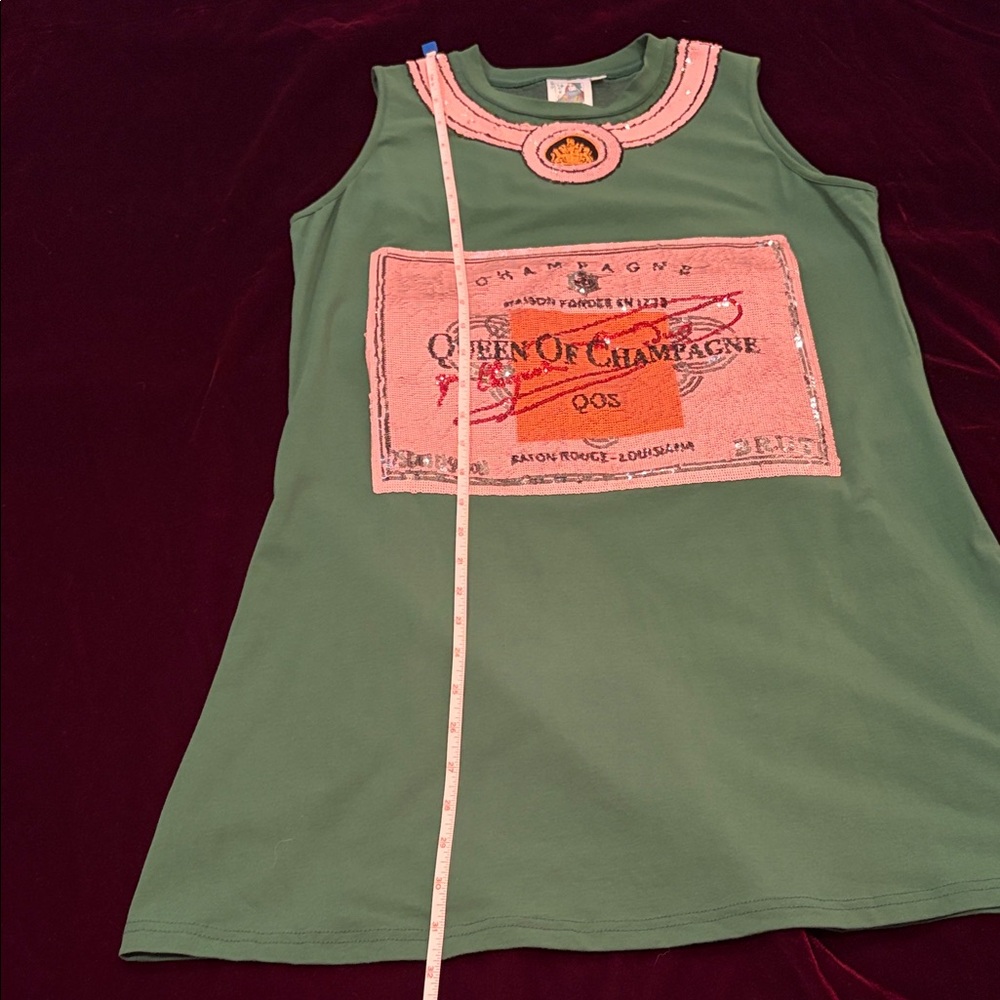 QUEEN OF SPARKLES Green Sleeveless Dress with Pink Sequin Label - Picture 6 of 13
